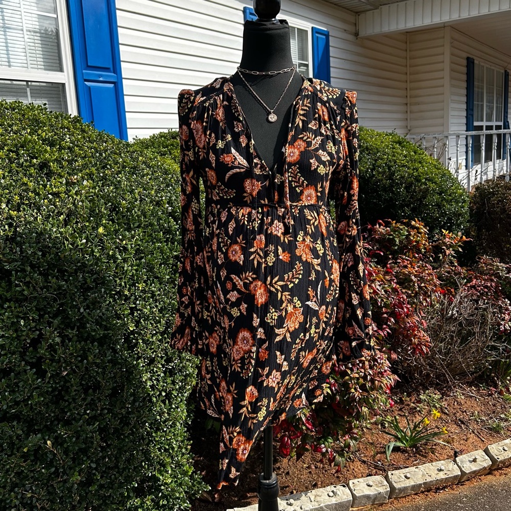 Billabong Black and Orange Floral Long Sleeve Gauze Dress